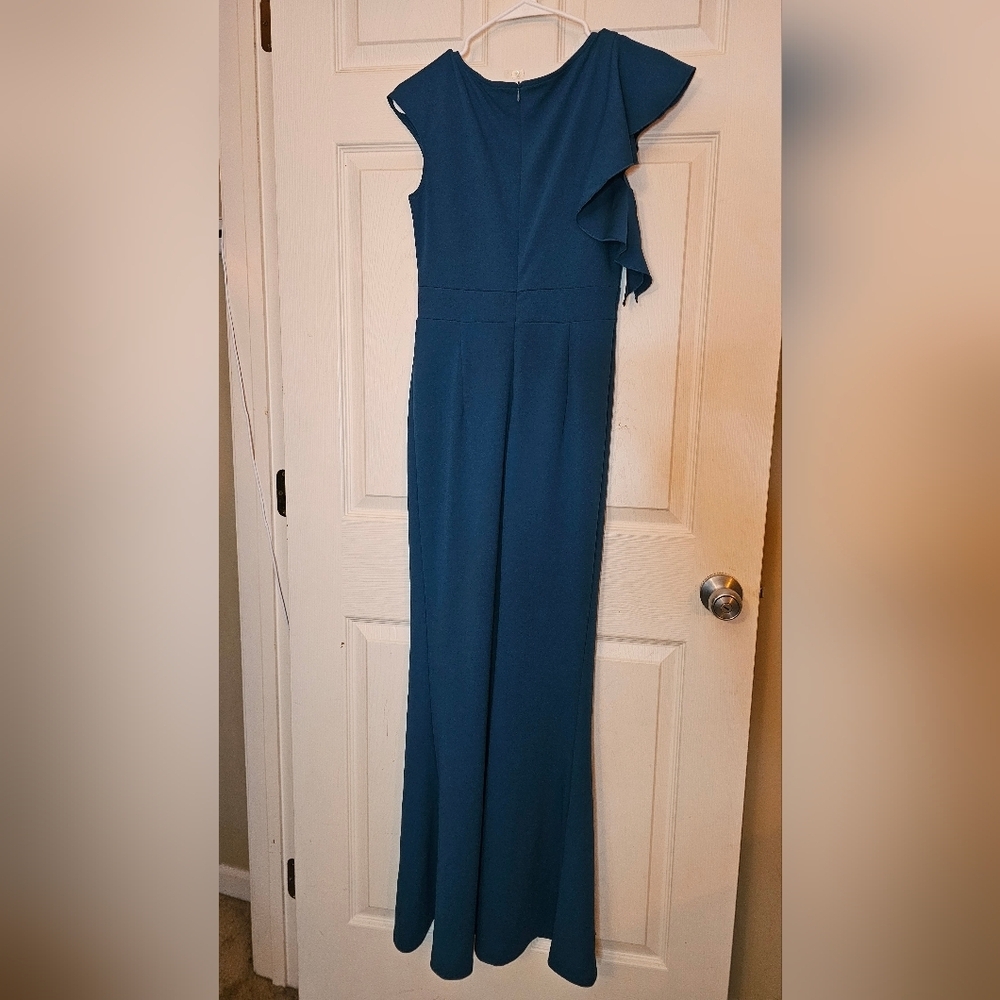 Woosea Sleeveless Mermaid Bodycon Gown Teal Blue Ruffle Slit - Picture 2 of 6